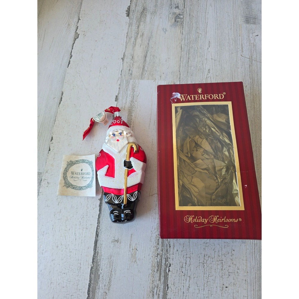 Waterford annual 2007 Santa glass ornament cane Victorian red glitter White Xmas